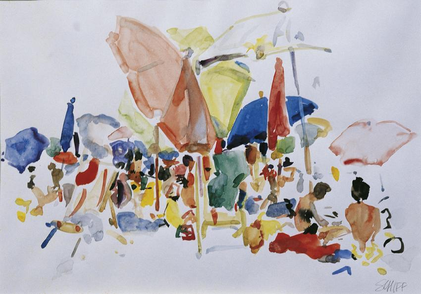 Friedrich Hermann Schiff, Sonnenschirme am Strand, Grado, 1967, Aquarell auf Papier, 27 x 39 cm…