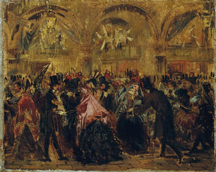 Anton Romako, Karneval auf dem Markusplatz in Venedig, um 1873/1876, Öl auf Leinwand, 14 x 19 c…