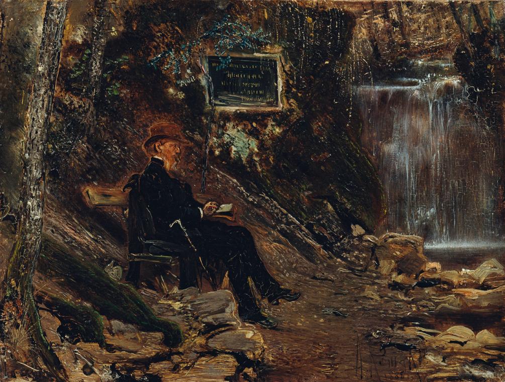 Anton Romako, Der Schriftsteller Hermann Rollett am Wasserfall, 1885, Öl auf Holz, 22 x 27 cm, …
