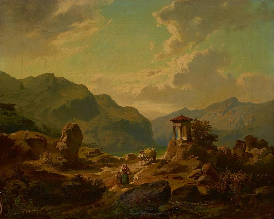 Carlo Brioschi, Gebirgslandschaft mit See, um 1857, Öl auf Leinwand, 32 × 40 cm, Belvedere, Wie…