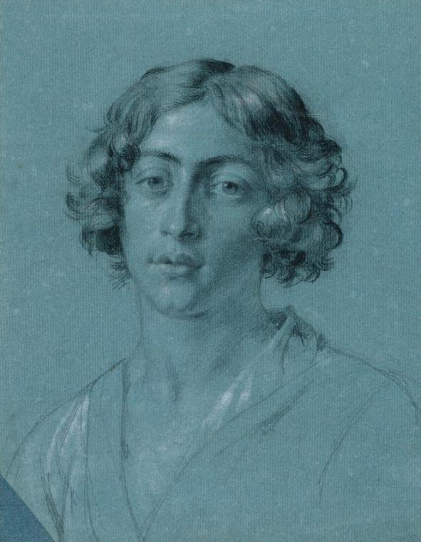 Johann Peter Krafft, Porträtstudie zu "David mit dem Haupt Goliaths", vor 1852, Kohle, weiß geh…