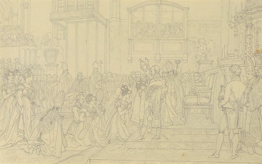 Johann Peter Krafft, Krönung der Kaiserin Carolina Augusta in Pressburg, Bleistift auf Papier, …