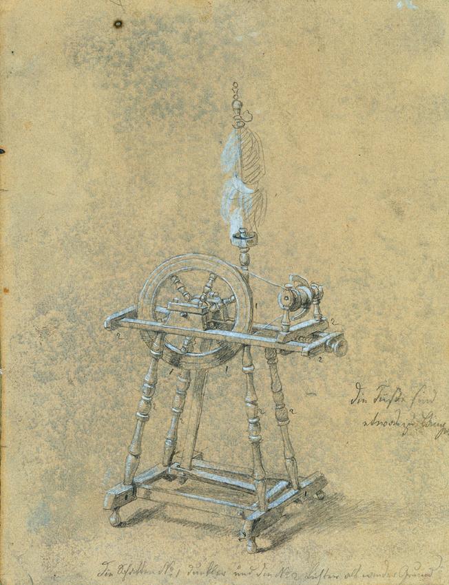 Johann Peter Krafft, Studie eines Spinnrockens, Bleistift auf Papier, weiß gehöht, 20,7 x 16 cm…