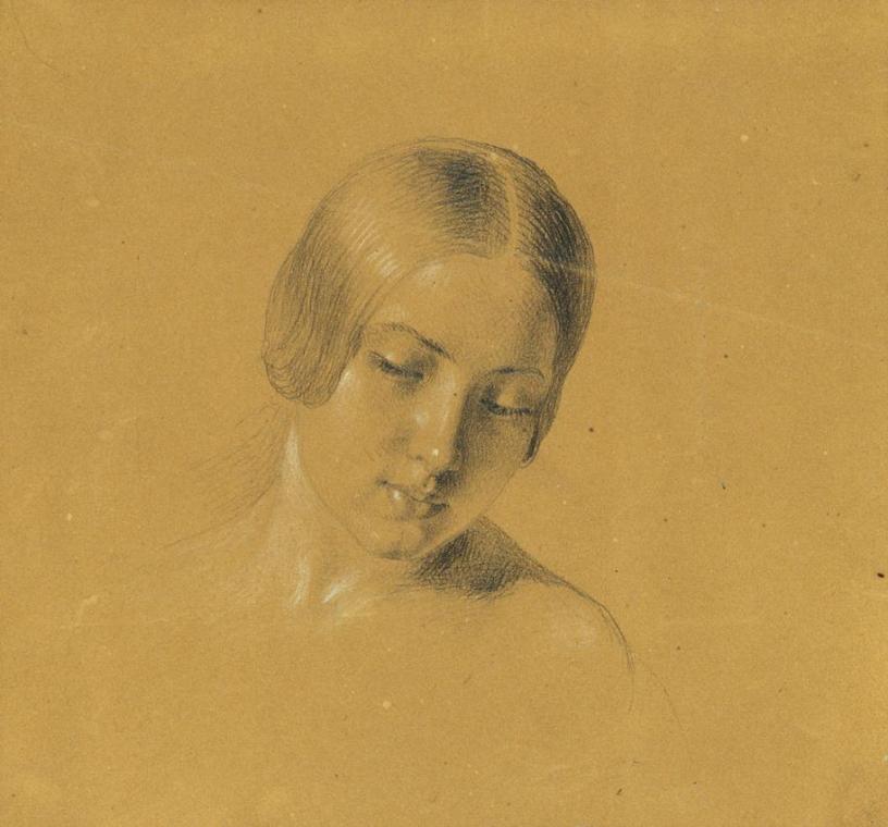 Johann Peter Krafft, Studie zu "Rüdiger und Angelika", um 1842, Bleistift auf Papier, weiß gehö…