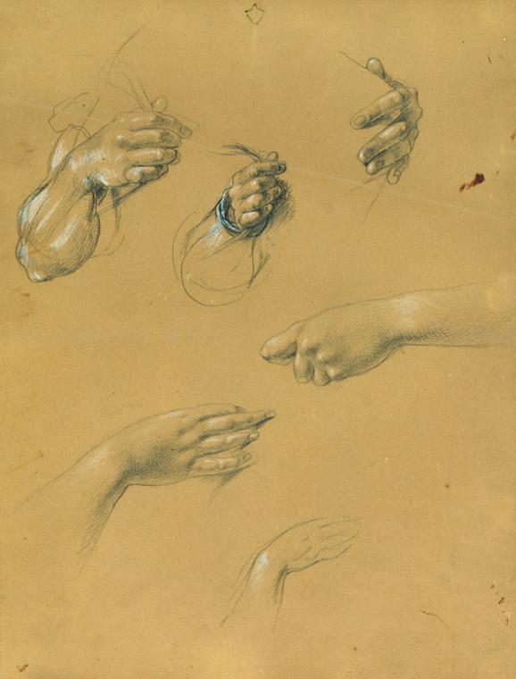 Johann Peter Krafft, Handstudien, Bleistift auf Papier, weiß gehöht, 30 x 22,5 cm, Belvedere, W…
