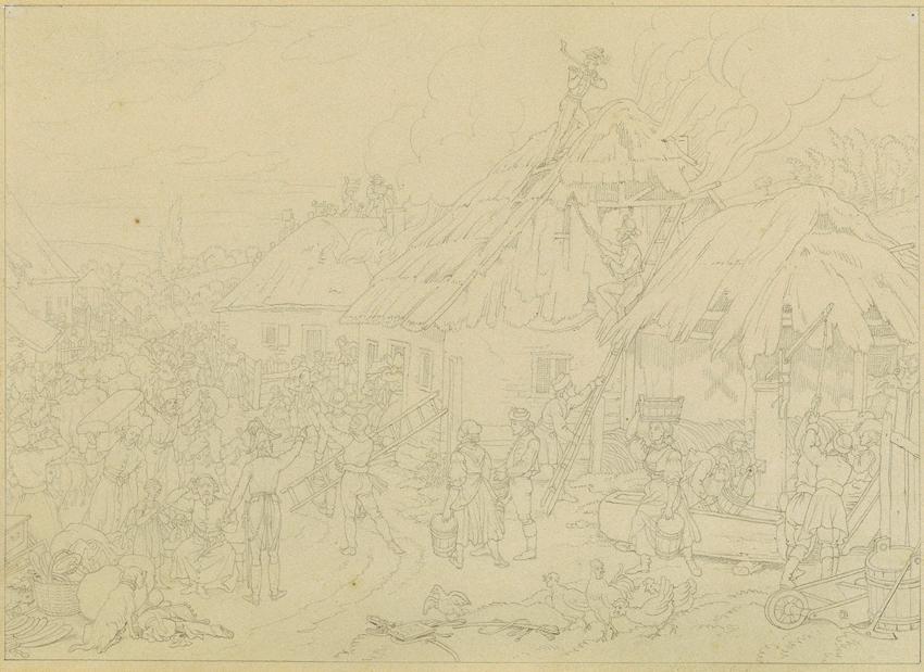 Johann Peter Krafft, Feuer im Dorf, Bleistift auf Papier, 21,5 x 29,5 cm, Belvedere, Wien, Inv.…