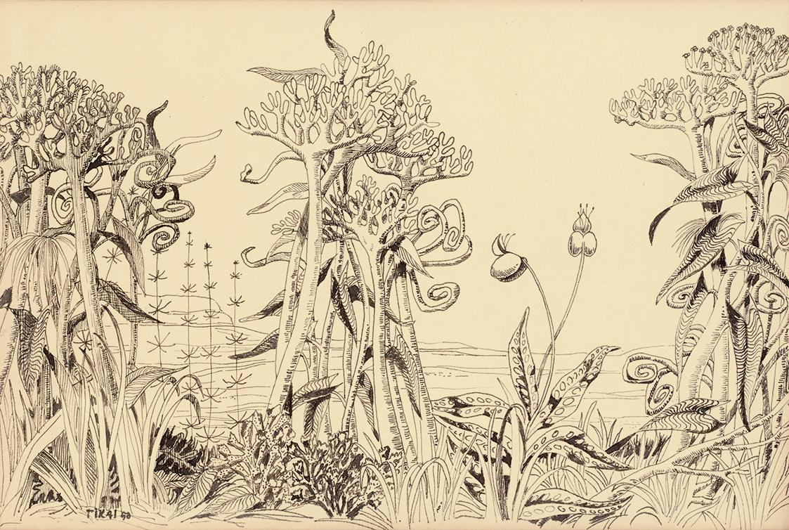 Vaclav Tikal, Landschaft, 1950, Tusche und Feder auf Papier, 15 × 22 cm, Dauerleihgabe Sammlung…