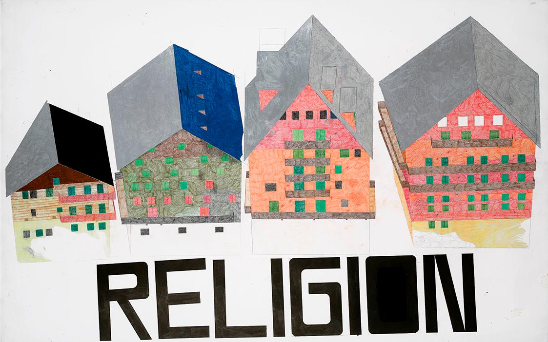 Siggi Hofer, Religion, 2010, Buntstift, Ölkreide, Tusche auf Papier, 150 × 238 cm, Belvedere, W…