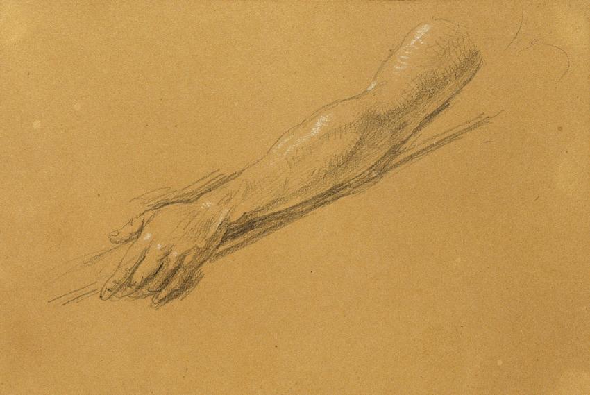 Johann Peter Krafft, Handstudie zur "Szene aus dem Tiroler Freiheitskampf", Bleistift, weiß geh…