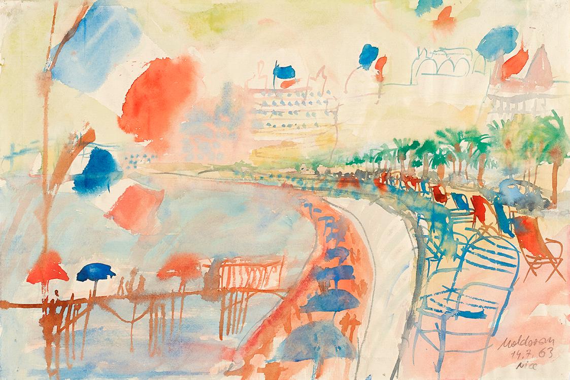 Kurt Moldovan, Nizza, Promenade des Anglais, 1963, Aquarell auf Papier, 32 × 48 cm, Belvedere,  ...