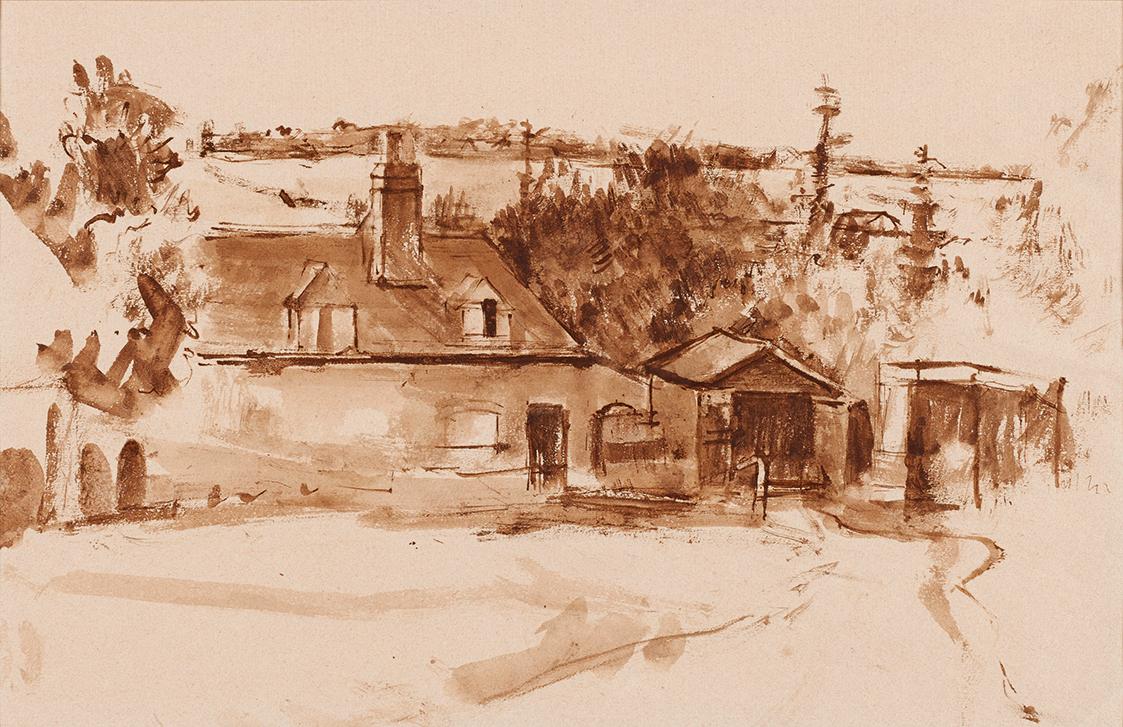 Gerhart Frankl, Bauernhaus in Bucklebury, 1941, Bister auf Papier, laviert, 31,8 × 47,7 cm, Bel…