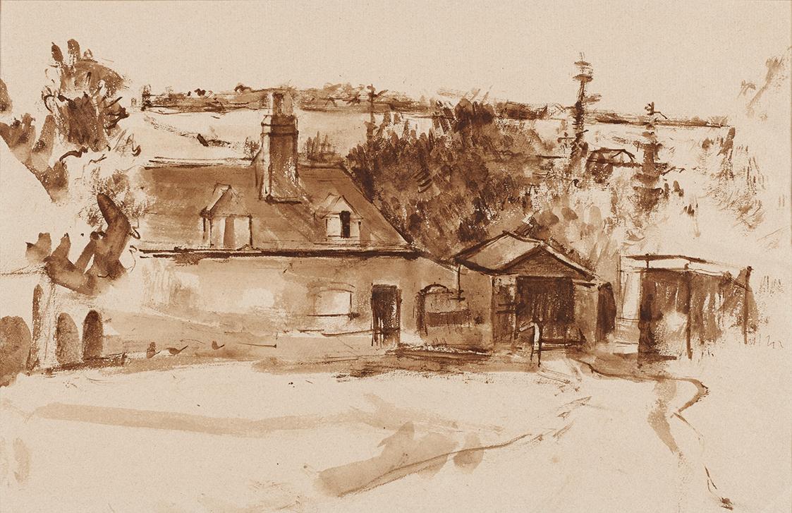 Gerhart Frankl, Bauernhaus in Bucklebury, 1941, Bister auf Papier, laviert, 31,8 × 47,7 cm, Bel…