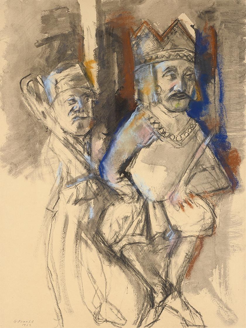 Gerhart Frankl, Kaiser Friedrich I. Barbarossa und ein Bischof, 1962, Kohle, Pastell und Gouach…