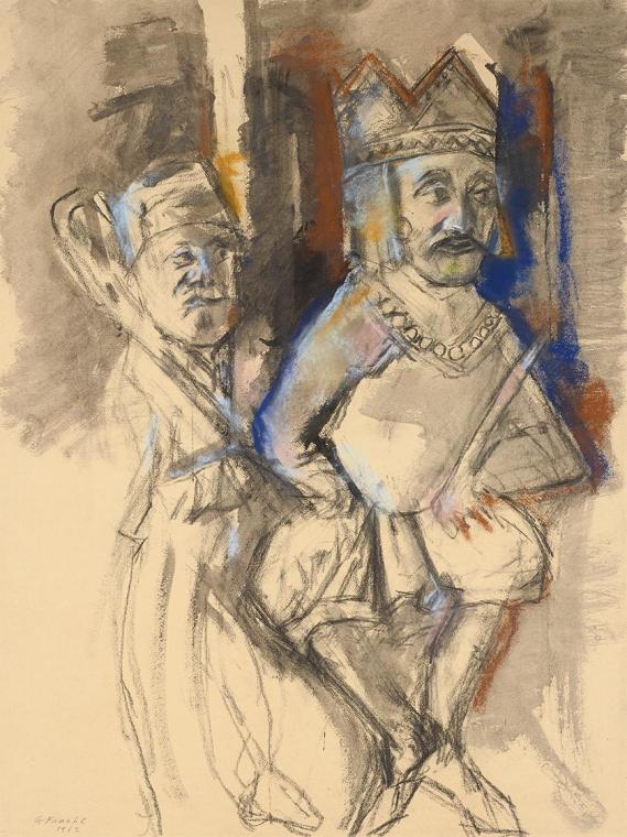 Gerhart Frankl, Kaiser Friedrich I. Barbarossa und ein Bischof, 1962, Kohle, Pastell und Gouach…