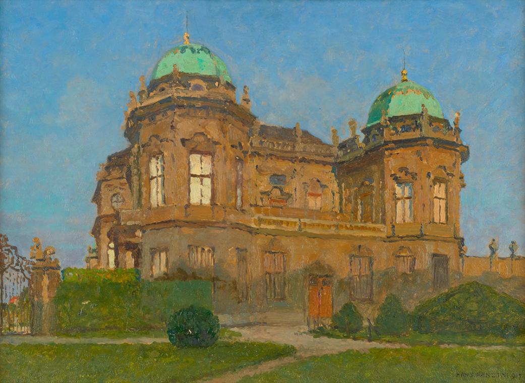Hans Ranzoni, Abendsonne am Belvedere, 1917, Öl auf Karton, 25,8 × 35,5 cm, Belvedere, Wien, In…
