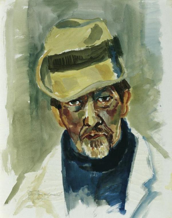 Heribert Potuznik, Selbstbildnis mit Damenhut, 1975, Aquarell auf Papier, 59,5 x 47,5 cm, Belve ...