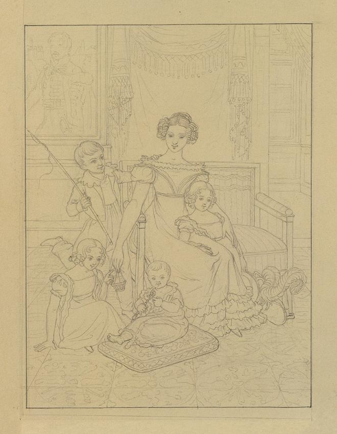 Johann Peter Krafft, Konturzeichnung einer Mutter mit vier Kindern, Bleistift auf Papier, 25,5 …