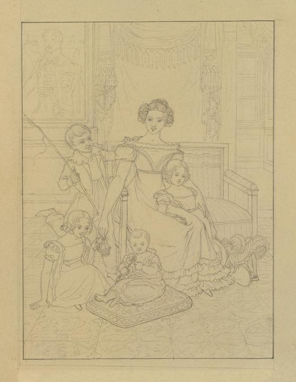 Johann Peter Krafft, Konturzeichnung einer Mutter mit vier Kindern, Bleistift auf Papier, 25,5 …