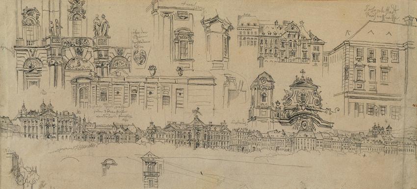 Johann Peter Krafft, Panorama Josefstadt, Bleistift auf Papier, 14 x 31 cm, Belvedere, Wien, In…