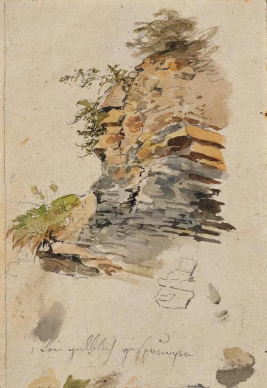 Johann Peter Krafft, Studie eines Felsen (zu "Arindal und Daura"), Aquarell auf Papier, 16 x 11 ...