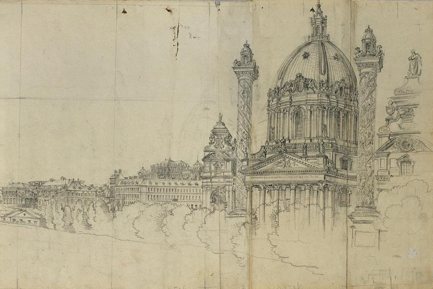 Johann Peter Krafft, Blick über die südlichen Vorstädte von Wien und Karlskirche, Bleistift auf ...