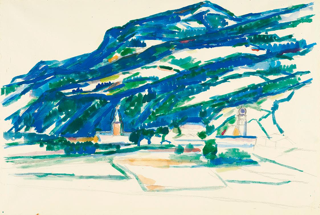 Gerhart Frankl, Blick ins Inntal auf Schwaz in Tirol, 1935, Bleistift und Aquarell auf Papier, …
