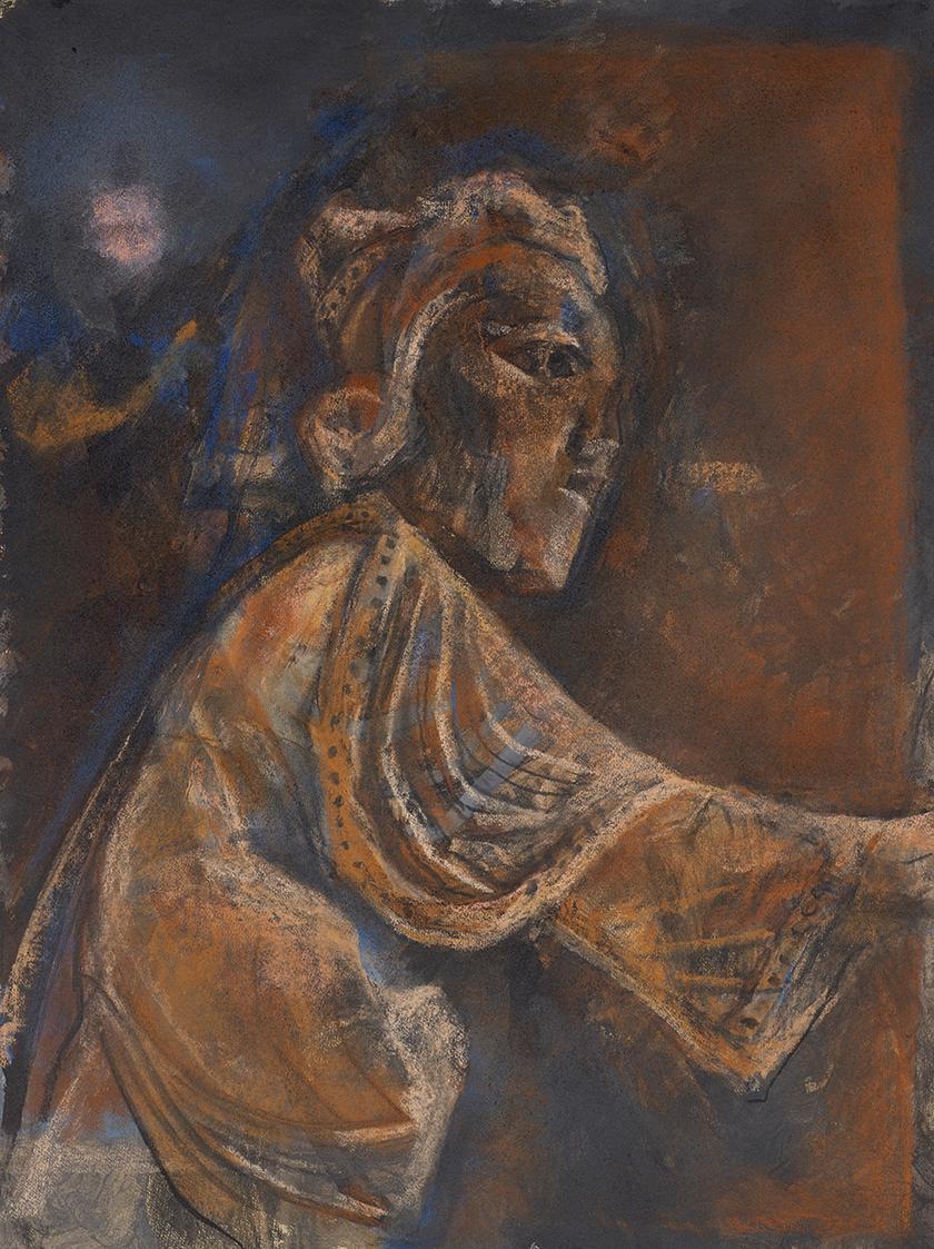 Gerhart Frankl, Heiliger König kniend, 1963, Kohle, Pastell und Gouache auf Papier, 63,8 × 48,2…