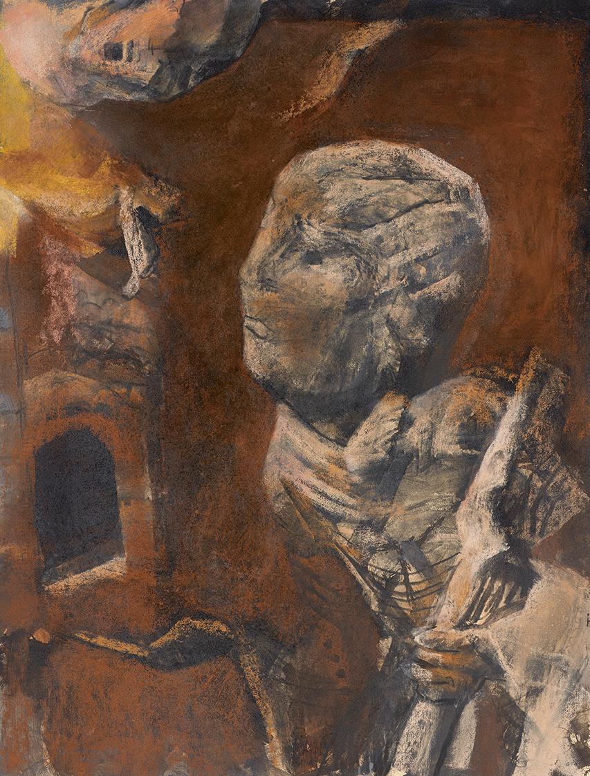 Gerhart Frankl, Bischof mit Kirchenmodell II, 1963, Kohle, Pastell und Gouache auf Papier, 63,3…