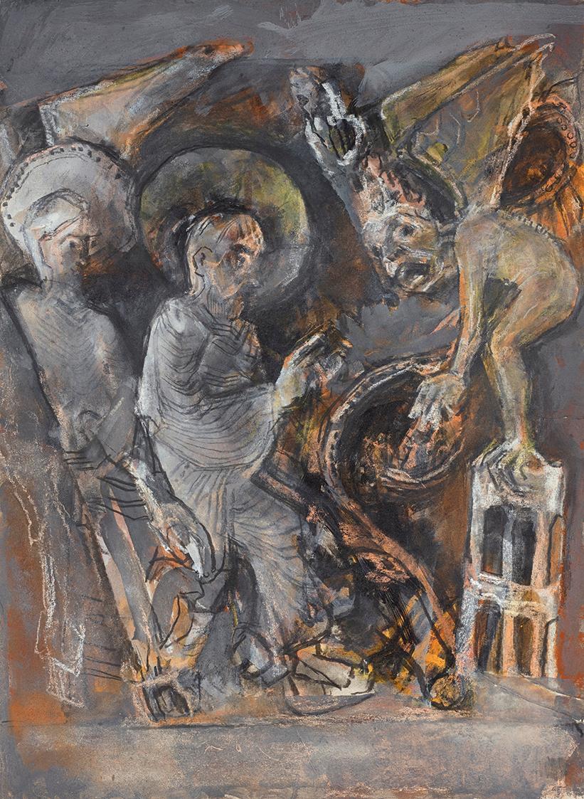 Gerhart Frankl, Christus auf den Zinnen des Tempels, 1962, Kohle, Pastell und Gouache auf Papie ...