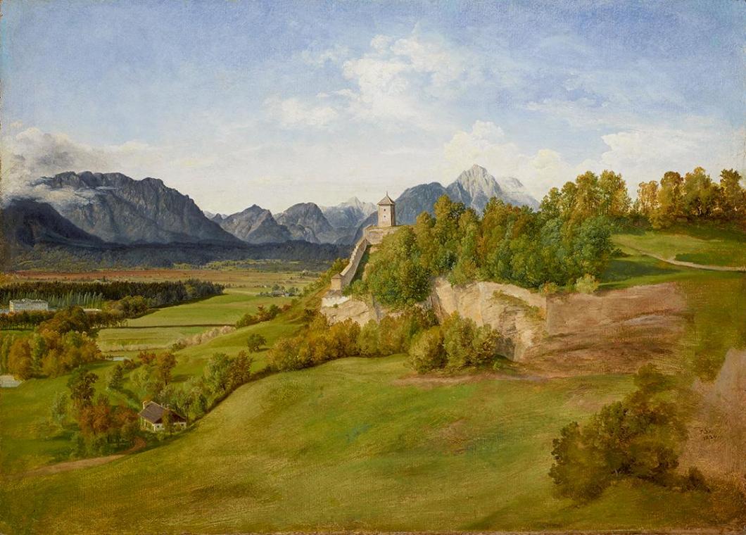 Friedrich Loos, Der Mönchsberg in Salzburg mit dem Josefsturm, 1826, Öl auf Karton, 37 x 52 cm, ...