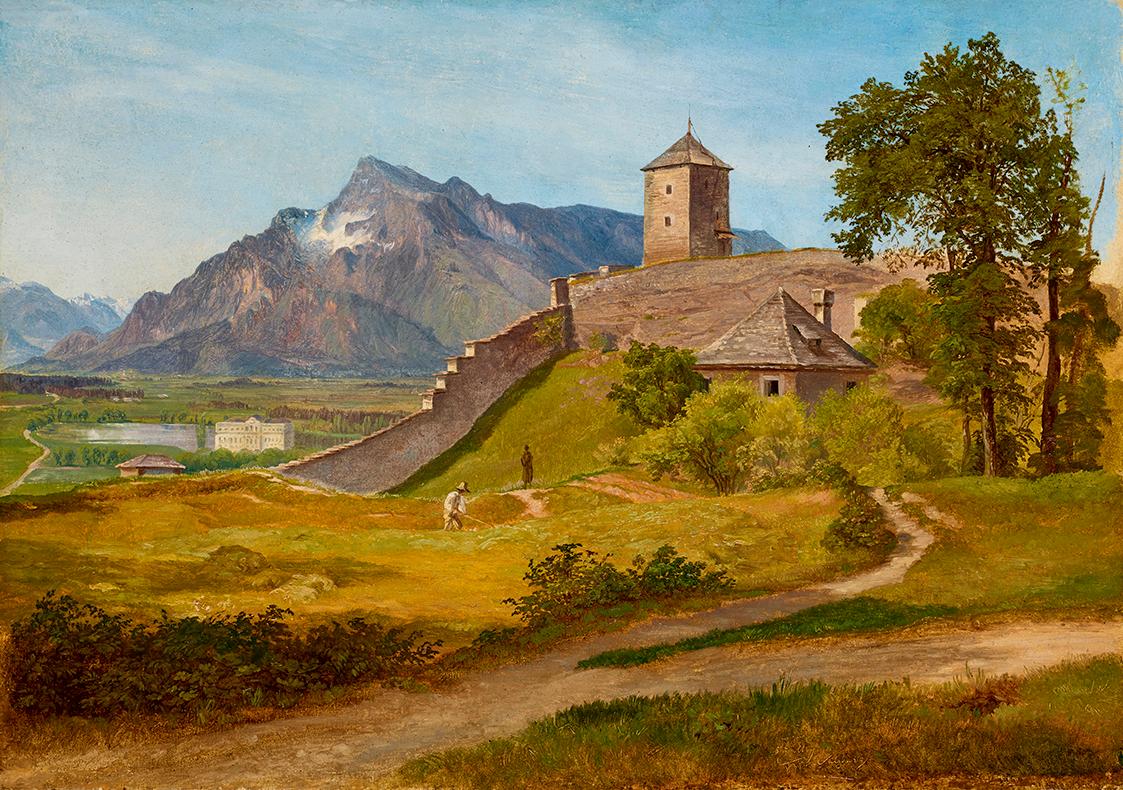 Friedrich Loos, Das Militärwachthaus und der Josefsturm auf dem Salzburger Mönchsberg, 1835, Öl…