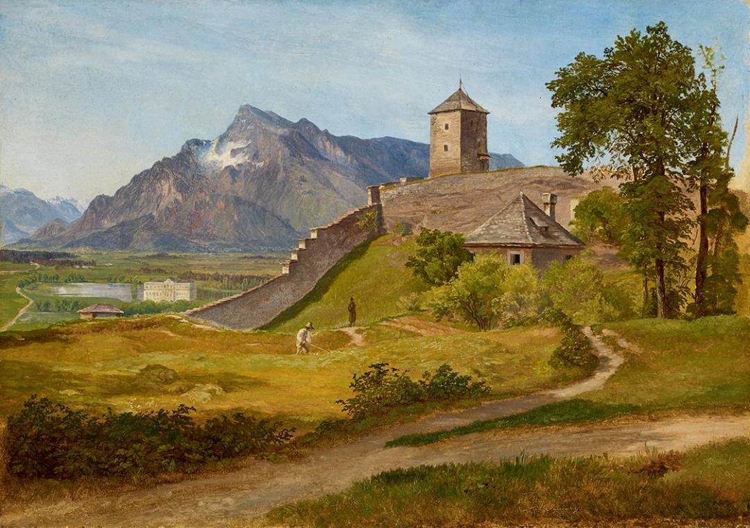 Friedrich Loos, Das Militärwachthaus und der Josefsturm auf dem Salzburger Mönchsberg, 1835, Öl…