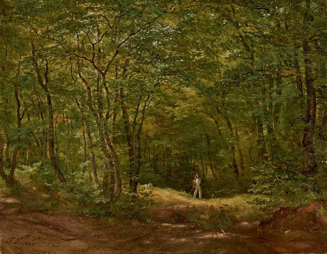 Friedrich Loos, Spaziergänger in einer Waldlandschaft, 1840, Öl auf Papier auf Karton, 20,5 x 2…