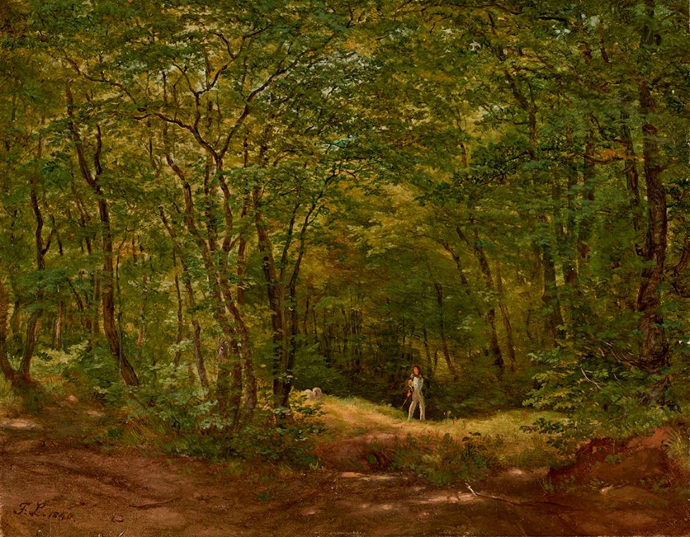 Friedrich Loos, Spaziergänger in einer Waldlandschaft, 1840, Öl auf Papier auf Karton, 20,5 x 2 ...