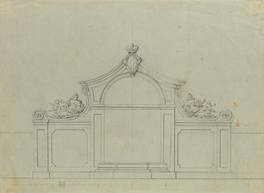 Johann Peter Krafft, Brunnenanlage im Pfirsichgarten des Oberen Belvederes, um 1850, Bleistift …