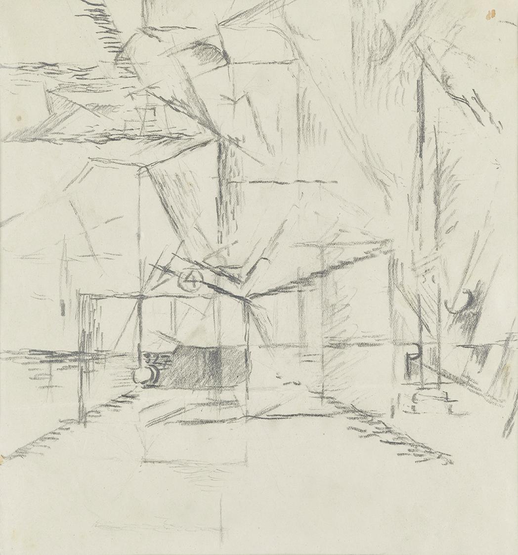 Vincenc Beneš, Straßenbahn Nr. 4, um 1912, Bleistift auf Papier, 22,5 × 21,5 cm, Dauerleihgabe …