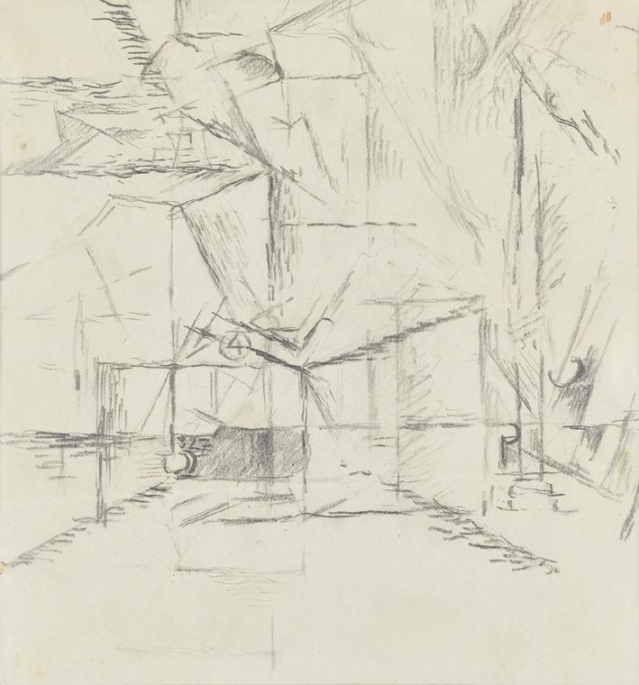 Vincenc Beneš, Straßenbahn Nr. 4, um 1912, Bleistift auf Papier, 22,5 × 21,5 cm, Dauerleihgabe …