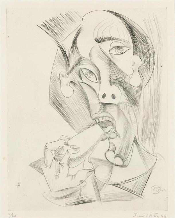 Emil Filla, Mann, Brot (auf)essend, 1946, Radierung, 39,4 × 31 cm, Dauerleihgabe Sammlung Rotte…