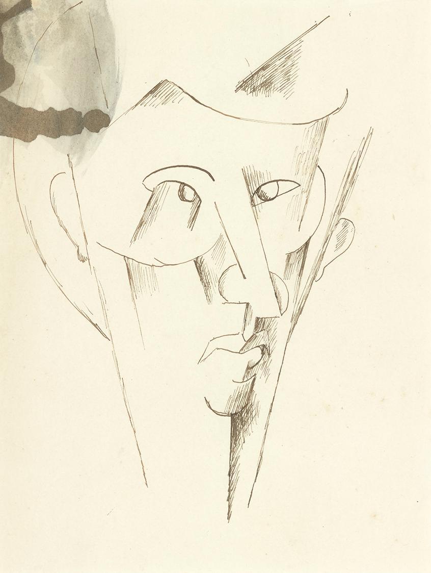 Otto Gutfreund, Kopf, um 1912, Tusche, aquarelliert auf Papier, 21 × 16 cm, Dauerleihgabe Samml…
