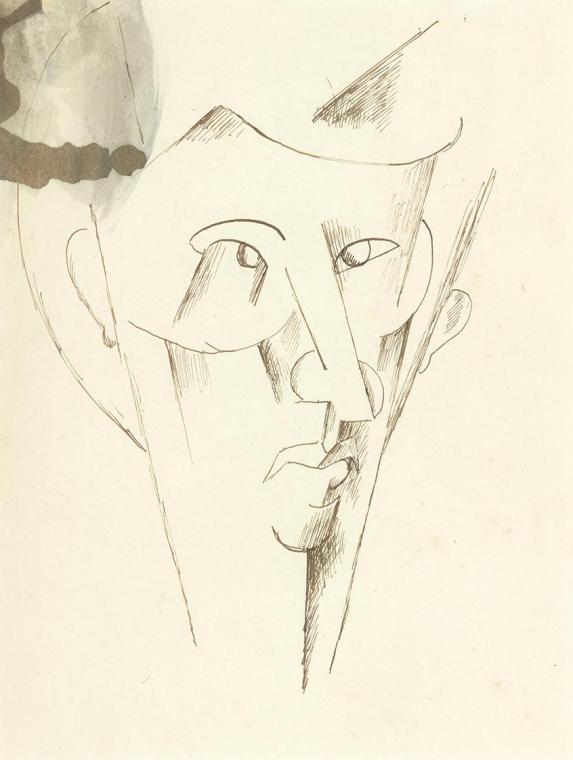 Otto Gutfreund, Kopf, um 1912, Tusche, aquarelliert auf Papier, 21 × 16 cm, Dauerleihgabe Samml…