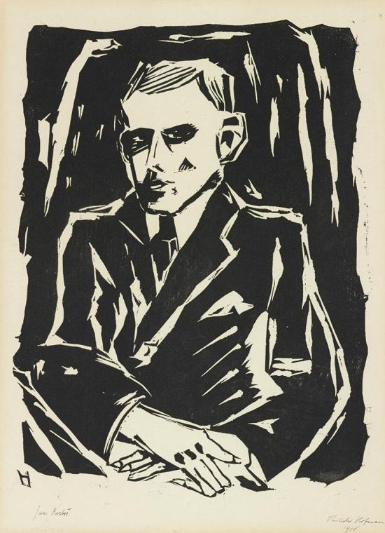 Vlastislav Hofman, Jan Bartos, 1918, Linolschnitt, 44 × 31,5 cm, Dauerleihgabe Sammlung Rotter,…