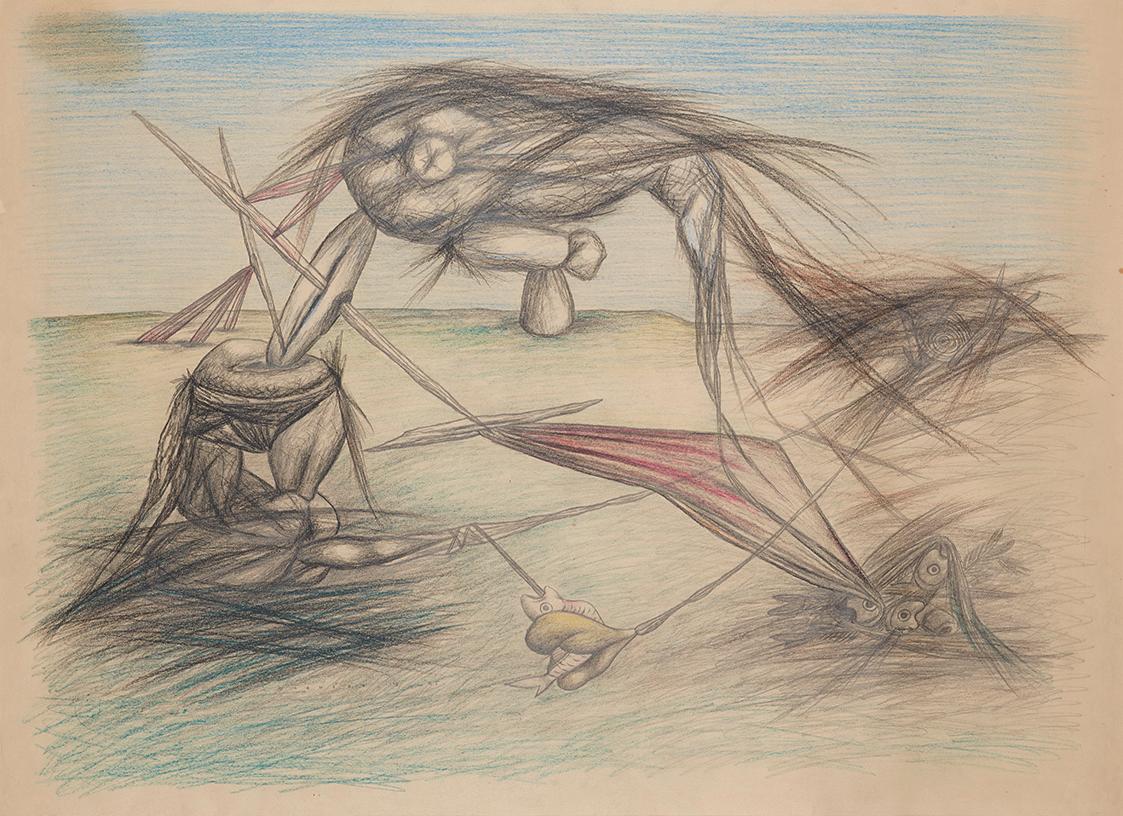 František Janoušek, Der Fischfang, 1935, Bleistift, Buntstift auf Papier, 54 × 73,5 cm, Dauerle…