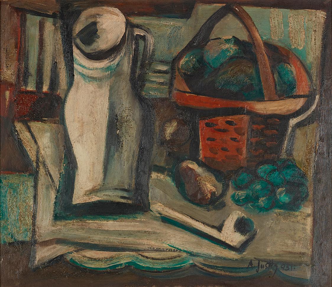 Alfréd Justitz, Stillleben mit weißem Krug und Obstkorb, 1931, Öl, 45 × 52,5 cm, Dauerleihgabe …