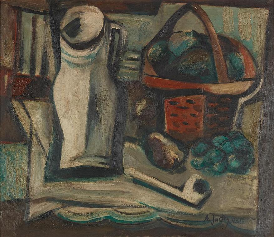 Alfréd Justitz, Stillleben mit weißem Krug und Obstkorb, 1931, Öl, 45 × 52,5 cm, Dauerleihgabe …