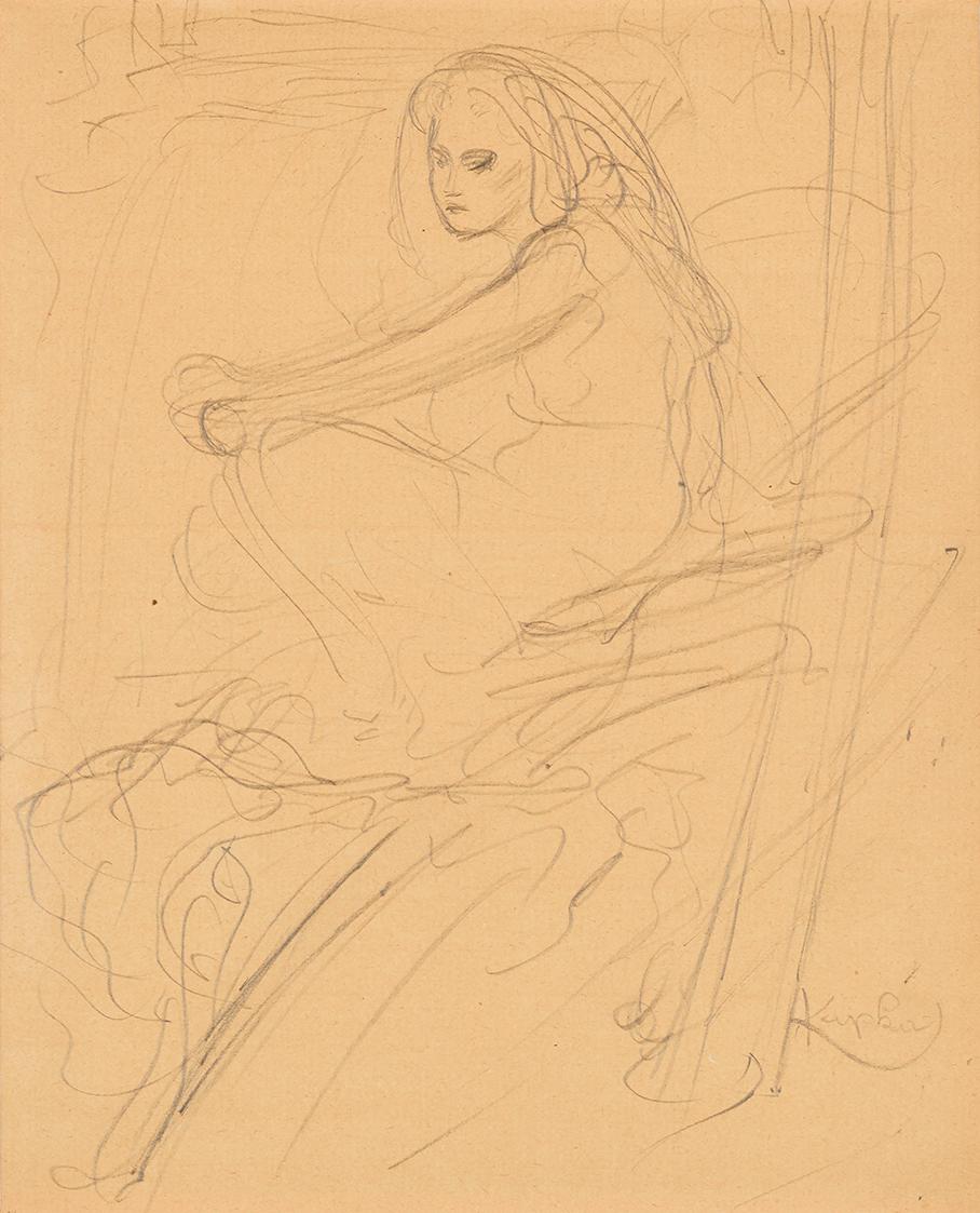František Kupka, Sitzendes Mädchen, 1905, Bleistift auf Papier, 20 × 16 cm, Dauerleihgabe Samml…