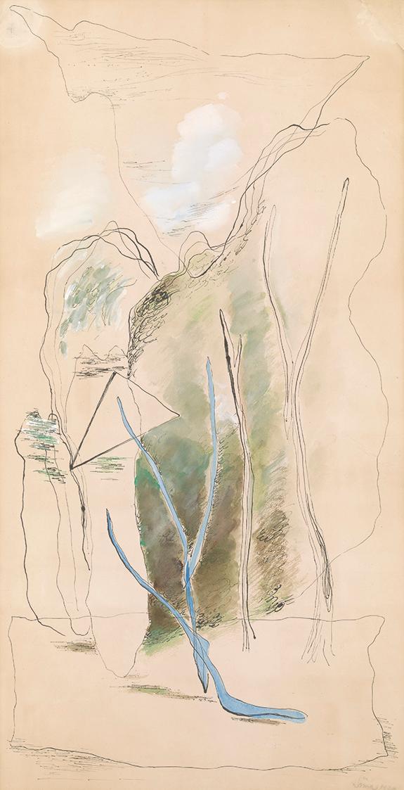Josef Šíma, Landschaft mit Obelisk, 1929, Mischtechnik, Papier auf Kapaplatte, 89,5 × 46 cm, Da…