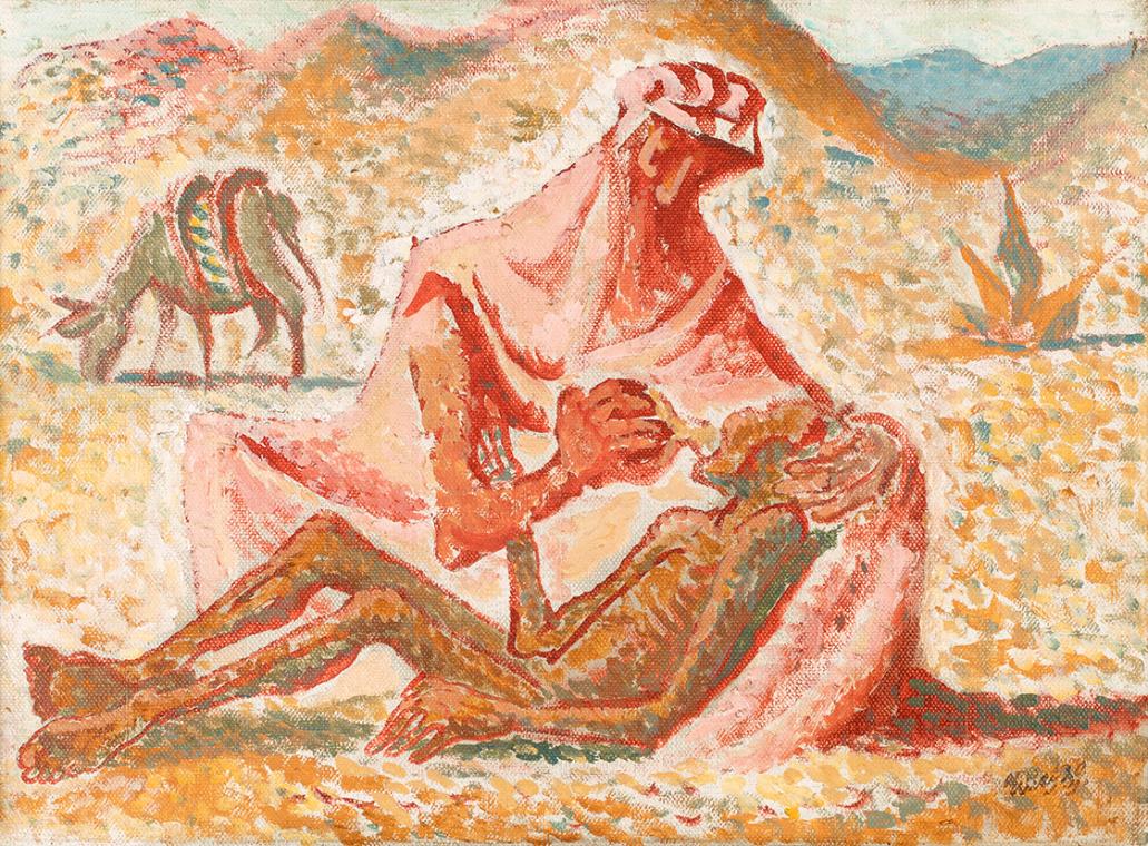 František Tichý, Der barmherzige Samariter, 1939, Öl auf Leinwand, 28,5 × 39 cm, Dauerleihgabe …