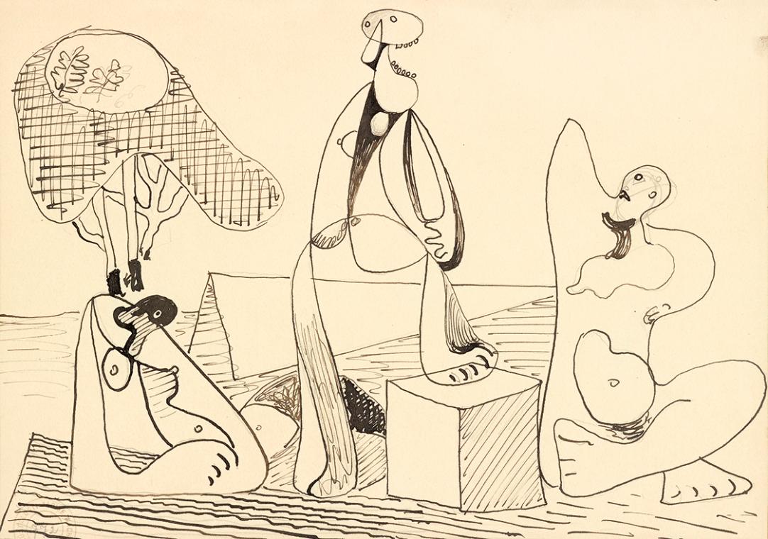Alois Wachsman, Figurale Komposition, 1932, Tusche über Bleistift auf Papier, 21 × 29,5 cm, Dau…