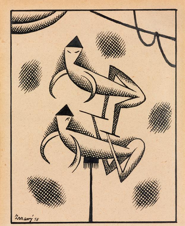 Jan Zrzavý, Akrobaten, 1918, Tusche auf Papier, 13 × 10,5 cm, Dauerleihgabe Sammlung Rotter, Be…