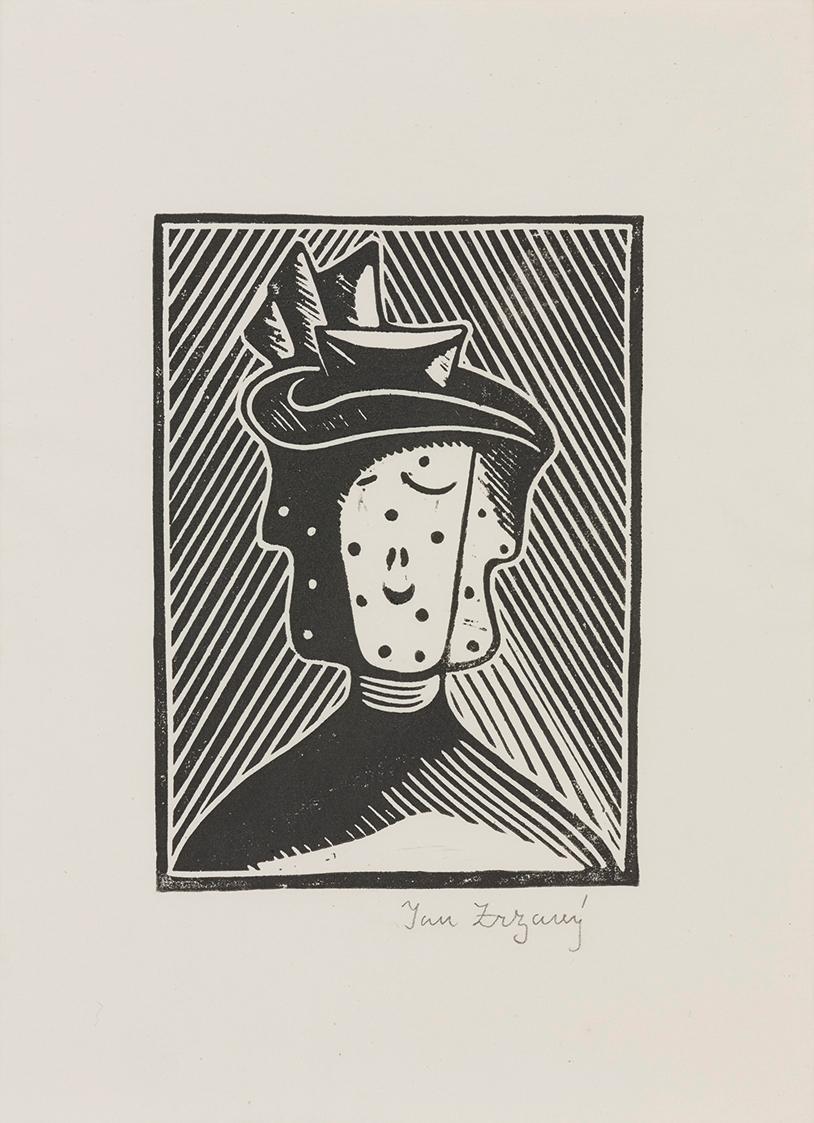 Jan Zrzavý, Frauenkopf mit Hut I, 1912/1920, Linolschnitt auf Papier, 26,5 × 20 cm, Dauerleihga…